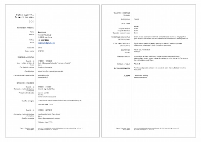 Esempio CV formato europeo